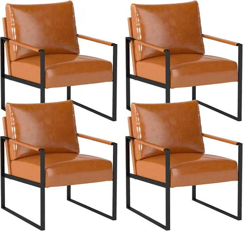 Miniatura 14 de INZOY Silla decorativa de cuero con marco de metal, cómoda silla de sala de estar con respaldo y cojín, silla moderna de mediados de siglo con Marrón