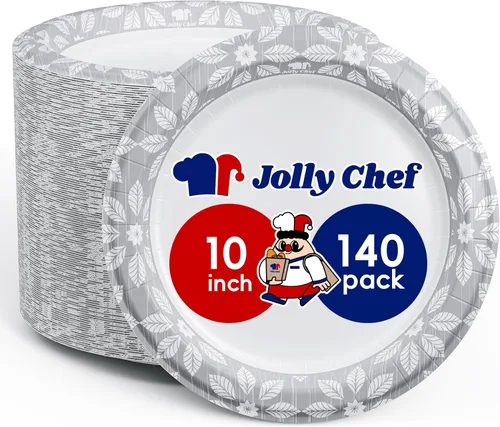 Miniatura 8 de JOLLY CHEF Paquete de 140 platos de papel desechables de 9 pulgadas, a prueba de remojo, a prueba de cortes, platos de papel impresos resistentes