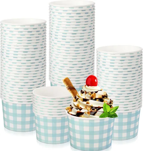 Miniatura 10 de Sieral Paquete de 50 tazas de papel de helado de guingán de 9 onzas, cuencos desechables de picnic, postre de búfalo a cuadros, cuenco de papel a
