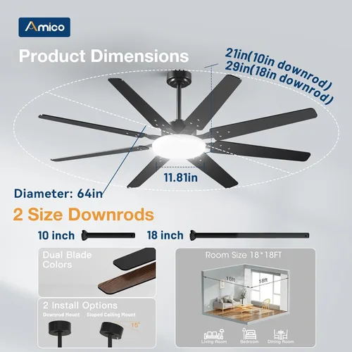 Miniatura 5 de Amico Ventiladores de techo de 64 pulgadas con luces, ventilador de techo grande con luz y control remoto, regulable, motor de CC silencioso