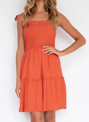 Miniatura 9 de MUXERI Women's Bohemian Solid Color Spaghetti Straps Shirred Square Neck Swing A Line Beach Mini Dress