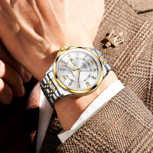 Miniatura 25 de OLEVS - Relojes de diamantes para hombres, relojes de vestir a prueba de agua, relojes analógicos de cuarzo de lujo con calendario de fecha y correa