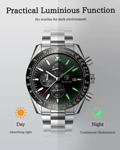Miniatura 5 de BY BENYAR Relojes para hombre, cronógrafo analógico de cuarzo, 30M, resistente al agua, luminoso, de cara grande, relojes para hombre, negocios