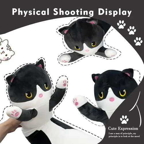 Miniatura 5 de Almohada larga de felpa de gato, 19.6 pulgadas - Adorable peluche de gato negro - Animales de peluche suaves - Almohada tipo cuerpo de gatito