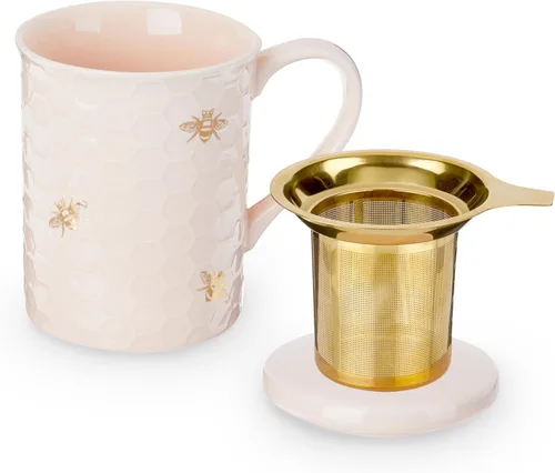 Taza de té de cerámica Pinky Up Annette con infusor y tapa, taza de viaje para tés de hojas sueltas, oficina en casa, camping, picnic, 12 oz, juego