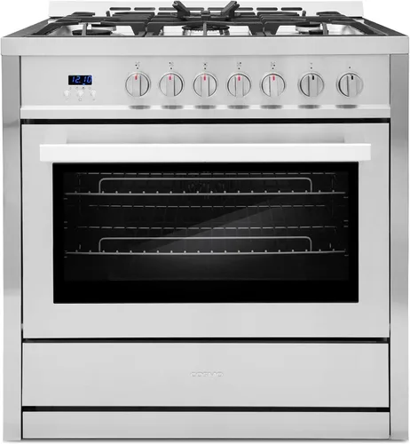 Gama de gas COSMO COS-965AGC de 36 pulgadas con parrilla de 5 quemadores, horno de convección rápida de 3.8 pies cúbicos con cinco funciones,