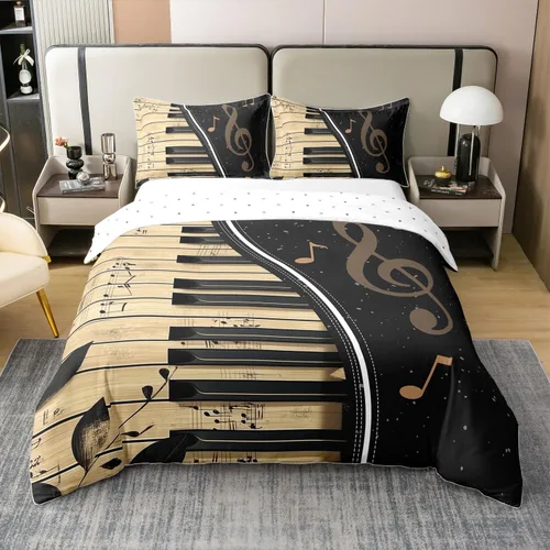 Juego de ropa de cama tamaño King 100% algodón con notas musicales de piano y clave musical, juego de ropa de cama para niños y niñas, diseño retro