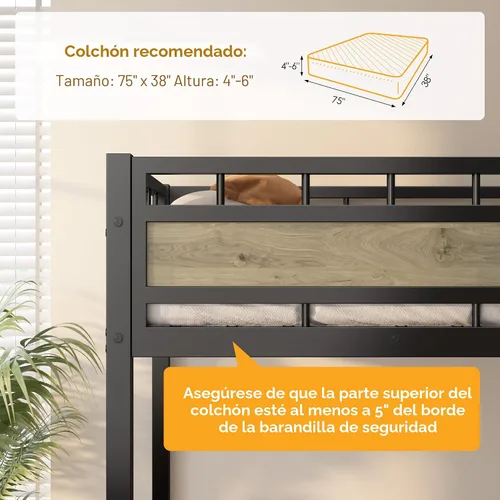 Miniatura 6 de Cama alta individual con escaleras, cama alta de metal resistente con almacenamiento y espacio debajo de la cama, más estable y segura