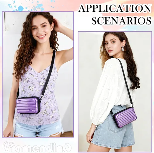 Miniatura 5 de Framendino, Estuche de cosméticos de carcasa dura morada, bolsa de transporte para artículos de tocador, mini cuerpo cruzado con cuerda de agarre