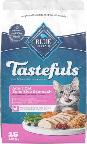 Blue Buffalo Tastefuls - Alimento seco natural para gatos adultos, estómago sensible, receta de pollo y arroz integral, bolsa de 15 libras