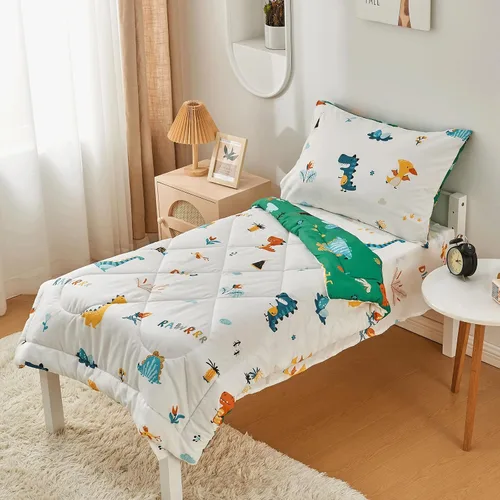 Miniatura 7 de beeweed Juego de ropa de cama de dinosaurio de 4 piezas para niños y niñas, diseño de 2 lados, incluye 1 edredón, 1 sábana bajera, 1 sábana encimera