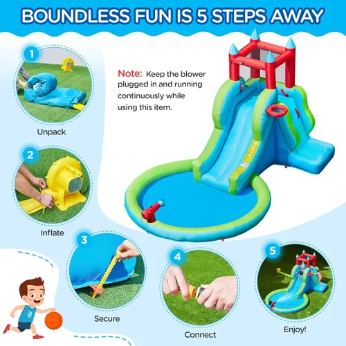 Miniatura 7 de Yaheetech Tobogán acuático inflable para niños, tobogán inflable 5 en 1 para exteriores para niños de 3 a 8 años con cañón de agua, aro