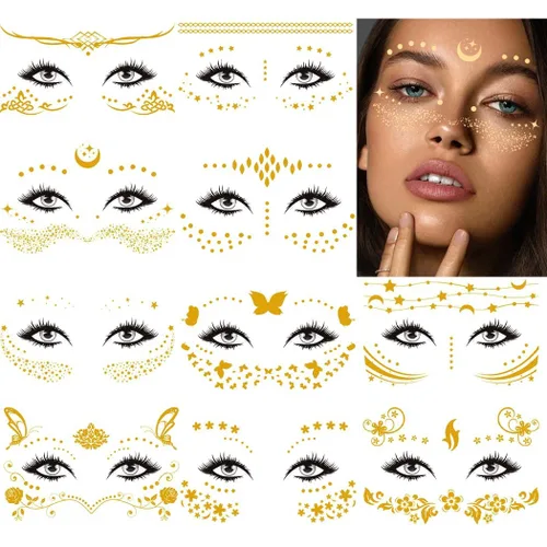 Miniatura 8 de Uranian Calcomanías temporales para tatuajes faciales dorados, pecas para mujeres, transferencia de mariposas, tatuajes metálicos, estilos mixtos