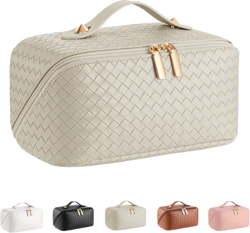 Miniatura 12 de Bolsa de cosméticos de viaje de gran capacidad - Bolsas de maquillaje portátiles para mujeres, impermeable, de cuero PU a cuadros, con organizador