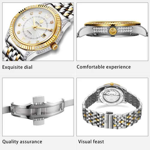 Miniatura 3 de BINLUN Reloj mecánico automático de oro para hombre, correa de cuerda automática respetuosa con la piel, chapado en oro de 18 quilates, relojes