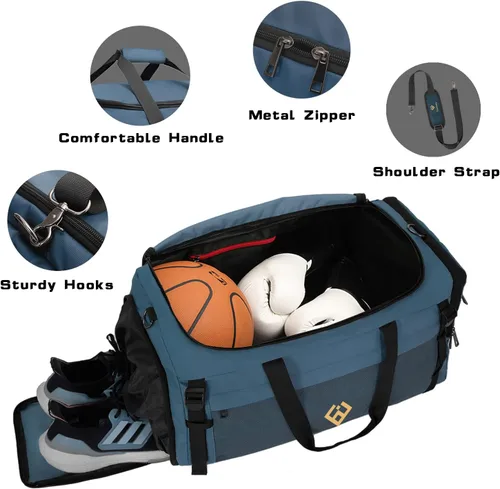 Miniatura 3 de Eackrola Bolsas de gimnasio para hombre con compartimento para zapatos, bolsa de lona deportiva con bolsillo húmedo para mujer, 65 L, Azul Niebla