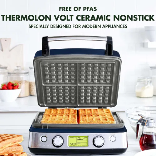 Miniatura 2 de GreenPan Elite Máquina para Hacer Waffles Belgas y Clásicos de 4 Cuadrados, Placas Antiadherentes de Cerámica Saludable Aptas para Lavavajillas