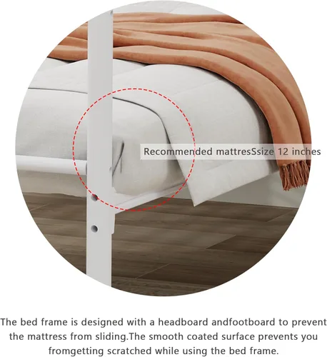 Miniatura 6 de Marco de cama de plataforma de metal individual con cabecero, soporte de listones de acero resistente, no necesita somier, fácil montaje, blanco