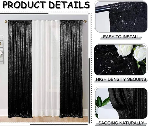 Miniatura 4 de Cortinas de fondo de lentejuelas negras con purpurina de 2 x 8 pies, 4 paneles para decoración de bodas, fiestas de cumpleaños, despedidas de Negro