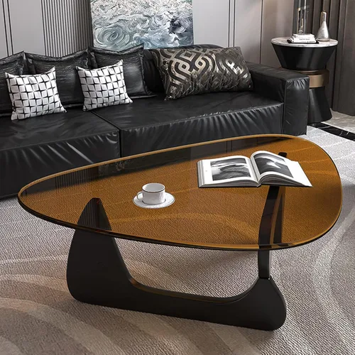 Miniatura 5 de Mesa auxiliar de cristal triangular, simple y moderna, mesa auxiliar vintage de vidrio y base de madera maciza, mesa auxiliar para sala de estar