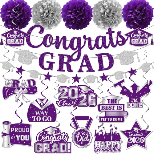 Miniatura 3 de Decoraciones de graduación 2026, pancarta de felicitaciones con purpurina, espirales colgantes y pompones de tela, decoraciones de graduación negras