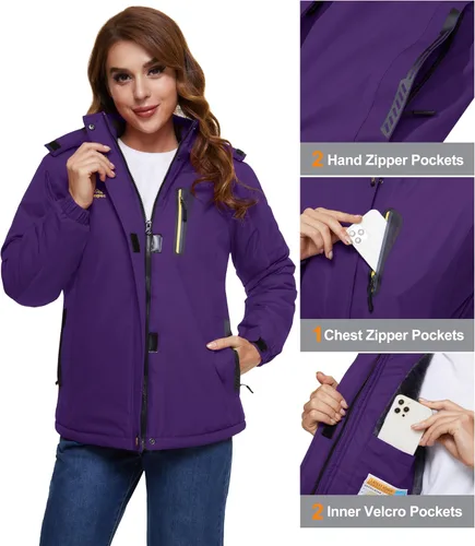 Miniatura 5 de MAGCOMSEN Chaquetas de esquí para mujer, resistentes al agua, aisladas, a prueba de viento, forro polar, abrigos de invierno con capucha