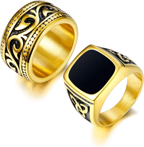 FINREZIO Juego de 2 anillos chapados en oro de 18 quilates para hombre, de acero inoxidable, vintage, con sello y anillo de banda, tamaño 7-13, Metal