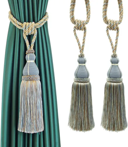 Miniatura 15 de BEL AVENIR Paquete de 2 alzapaños de cortina con borlas, grandes hechos a mano, cuerda para el hogar, oficina, hotel, elegante decorativo (beige)
