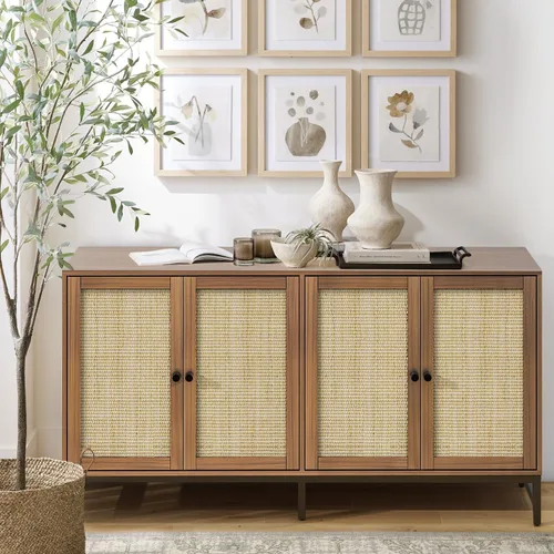 Miniatura 14 de ZLWJGY Credenza - Armario tipo bufé de ratán, aparador de almacenamiento con 4 puertas, mesa consola grande de mediados de siglo moderna de 59