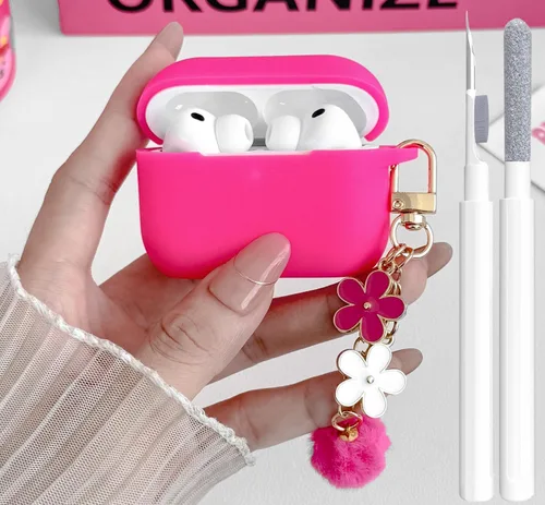 Miniatura 8 de Bonita funda negra para Airpods de 2ª/1ª generación para niñas y mujeres, con llavero de pompón de flores y kit de limpieza, funda protectora tipo