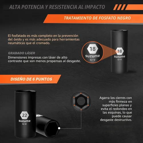 Miniatura 5 de SUZUME Juego de llaves de impacto de 3/8, acero Cr-V, 6 puntas, accionamiento de 3/8", 50 piezas métricas estándar (8-22mm) y SAE