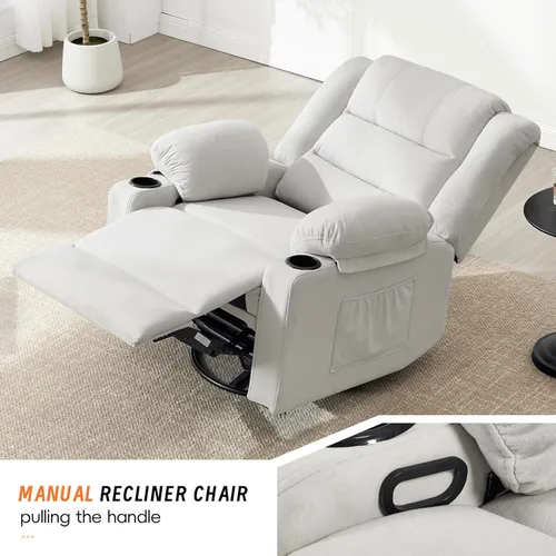 Miniatura 3 de Mecedora reclinable para adultos, silla reclinable giratoria de 360° con masaje y calefacción, mecedora manual con portavasos para sala de estar