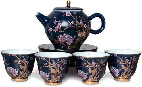 Dahlia Juego de té de porcelana con diseño de pájaro y flores: tetera con colador integrado + 4 tazas de té en caja de regalo, azul