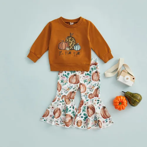 Miniatura 2 de Madjtlqy Conjunto de ropa de Halloween para bebé niña con estampado de calabaza con estampado de calabaza, camiseta de manga larga + pantalones
