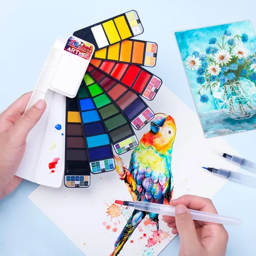 Miniatura 7 de Juego de pintura de acuarela, 42 colores surtidos con 3 pinceles, juego de bocetos de campo de acuarela plegable perfecto para pintura al aire libre