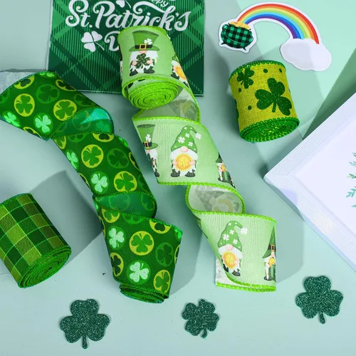 Miniatura 5 de Whaline Cinta de borde con alambre del día de San Patricio, trébol verde, gnomo, tela a cuadros, para envolver manualidades irlandesas