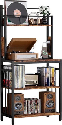 Miniatura 8 de IRONCK Soporte para tocadiscos, almacenamiento de discos de vinilo de 2 niveles, mesa grande para tocadiscos con estación de carga, soporte