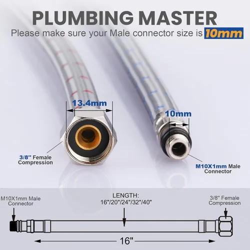 Miniatura 2 de Líneas de suministro de rosca de compresión hembra de 3/8 pulgadas × conector macho M10 1 par, manguera de grifo ARCORA de 16 pulgadas conecta