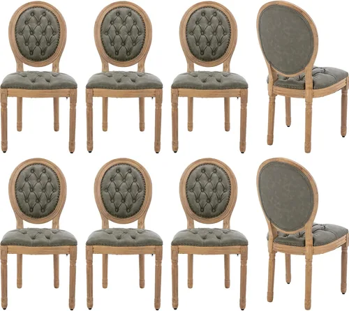 Miniatura 62 de Juego de 4 sillas de comedor francesas vintage, con respaldo redondo, tapizadas, de piel sintética, con ribete de cabeza de clavo y marco de madera