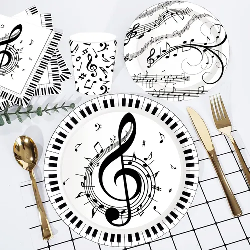 Miniatura 7 de Notas musicales para fiesta, 150 piezas, juego de vajilla para fiesta musical, incluye platos de notas musicales de 9 y 7 pulgadas, platos y Set