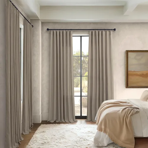 Miniatura 75 de Cortinas de lino gris claro, 2 paneles, presillas traseras, bolsillo para cortinero, semitraslúcidas, ahorran energía, estilo rústico, arpillera