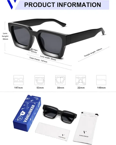 Miniatura 105 de VANLINKER Gafas de sol cuadradas gruesas para hombres y mujeres, retro, rectangulares, con protección UV400, VL9731