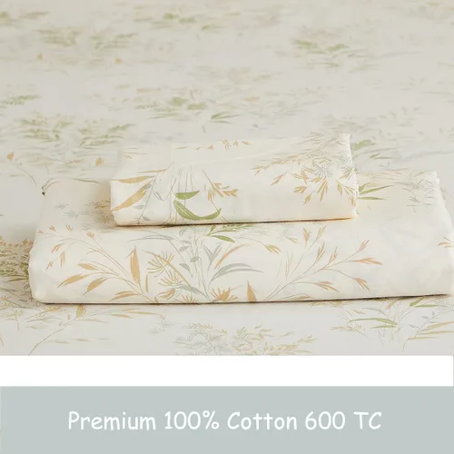 Miniatura 4 de FADFAY Juego de sábanas tamaño California King, juego de sábanas de hojas florales, 100% algodón de 600 hilos, ropa de cama de flores verdes y Crema