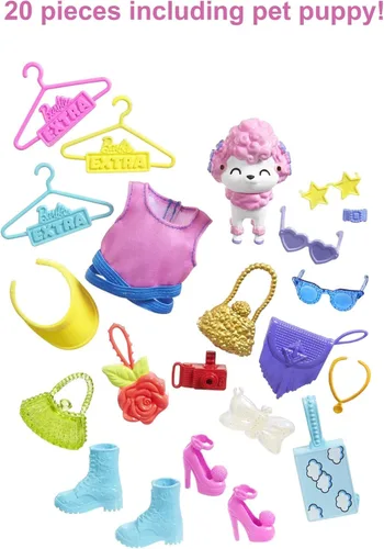 Miniatura 7 de Barbie Juego de moda extra sorpresa con 20 piezas, incluyendo caniche para mascotas, armario y función de botón que dispensa accesorios de moda