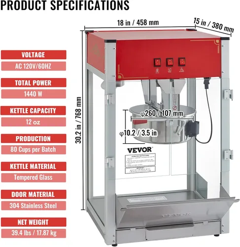 Miniatura 7 de VEVOR Máquina comercial de palomitas de maíz, hervidor de 12 onzas, máquina de palomitas de maíz para encimera de 1440 W para 80 tazas por lote
