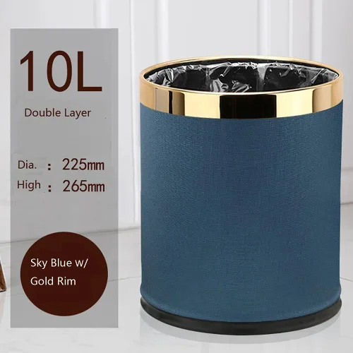Miniatura 2 de Cubo de basura de metal de lujo de 10 L, parte superior abierta, doble capa, con cubierta de piel sintética, cesta de basura para cocina, baño