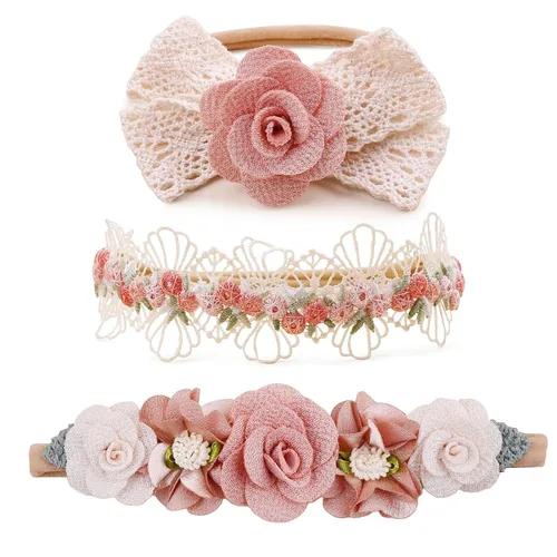 Miniatura 11 de Diademas de flores de nailon para bebé niña, con moños de flores, accesorios elásticos para el cabello, corona, envolturas florales hechas a mano