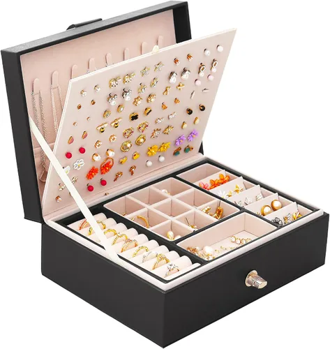 Miniatura 197 de Joyero de pendientes para mujeres y niñas, organizador de aretes de 5 capas, caja organizadora de joyas blanca con candado, collares y aretes