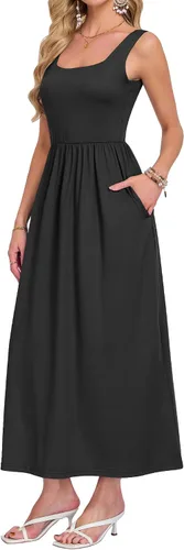 Miniatura 2 de AUSELILY Vestido largo con cuello cuadrado para mujer, sin mangas, floral, holgado, con bolsillos