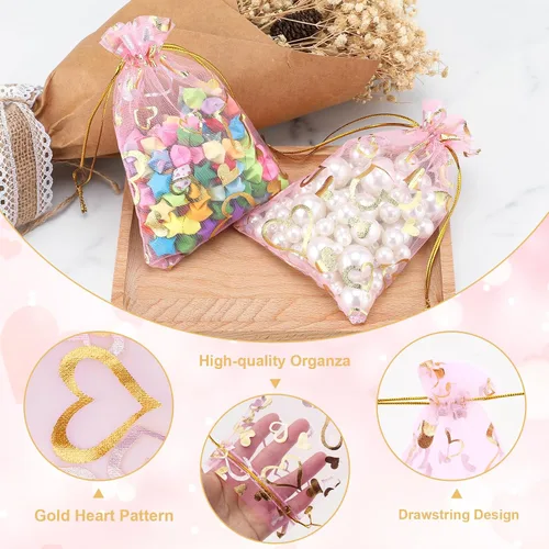 Miniatura 4 de G2PLUS - Bolsas de organza de corazón, 50 bolsas de regalo con cordón transparente de 4 x 6 pulgadas Pink Mesh Bags with Gold Foil Hearts for